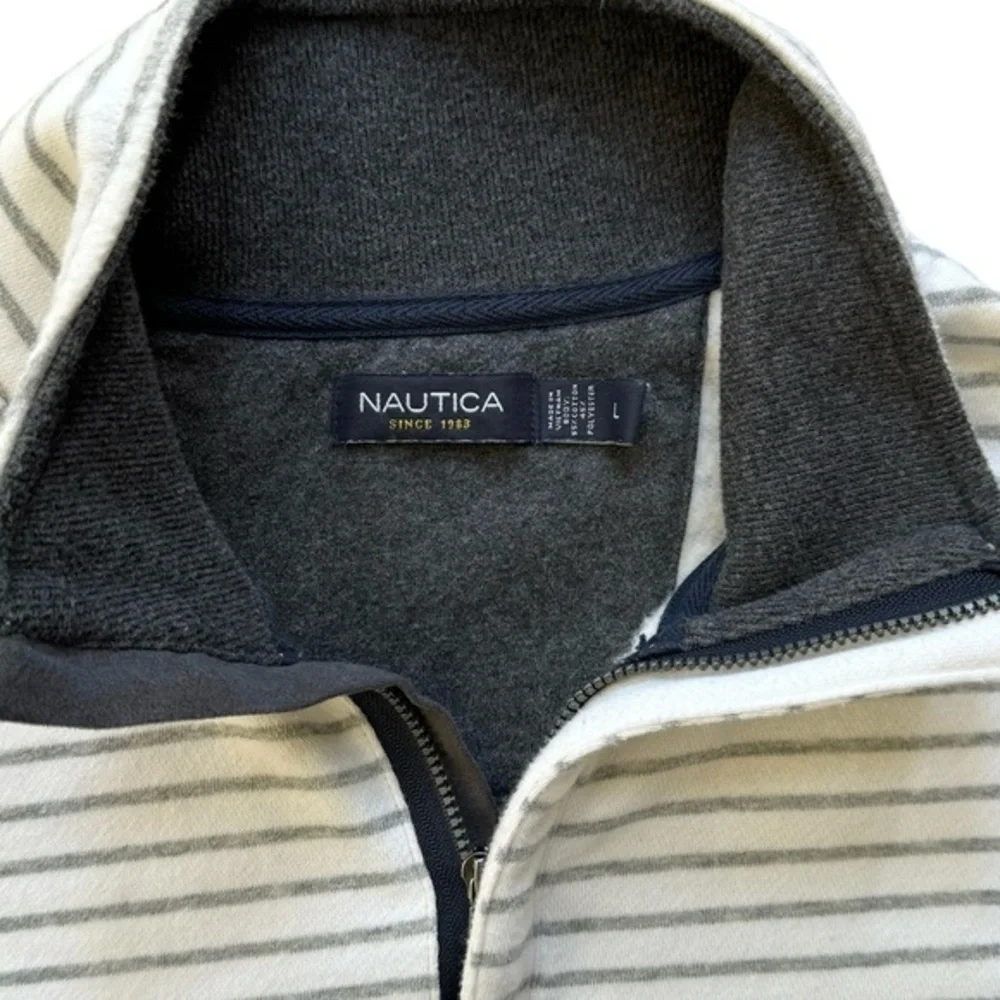Nautica Men's Quarter Zip Sweater White‎ Gray Striped Size Large